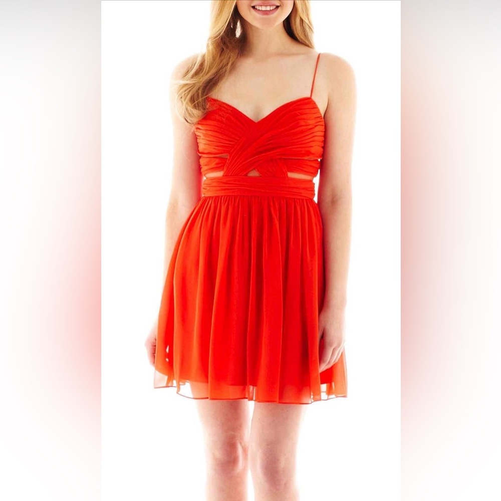 Hailey Logan by Adrianna Papell Neon Orange/Coral Cutout Chiffon Mini Dress